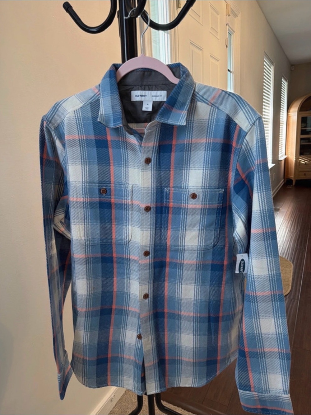 Old Navy Blue and Pink Plaid Button-Down Shirt
